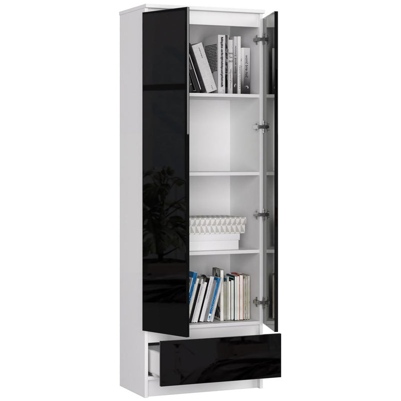 Dulap biblioteca cu 2 usi 1 sertar si 4 rafturi 60 x 180 x 35 cm alb, negru