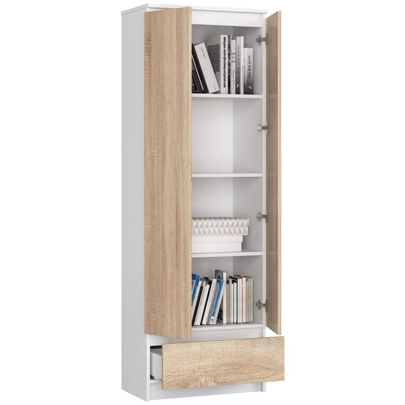 Dulap biblioteca cu 2 usi si 1 sertar  60 x 180 x 35 cm alb, sonoma