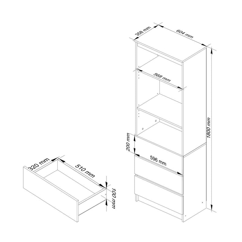 Dulap biblioteca cu 3 rafturi si 3 sertare 60 x 180 x 35 cm alb, negru lucios