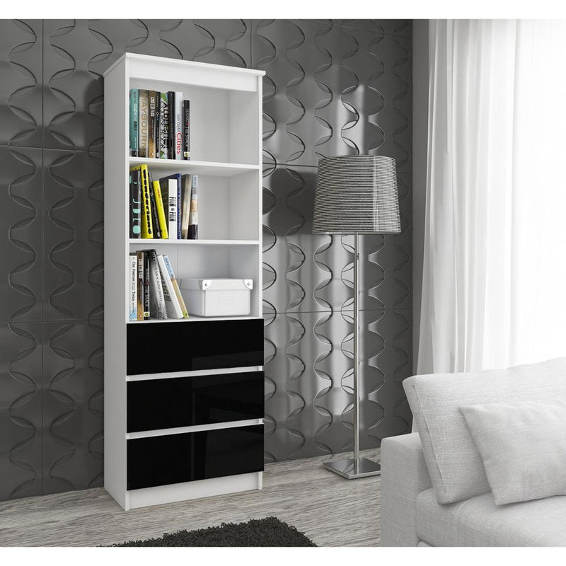 Dulap biblioteca cu 3 rafturi si 3 sertare 60 x 180 x 35 cm alb, negru lucios