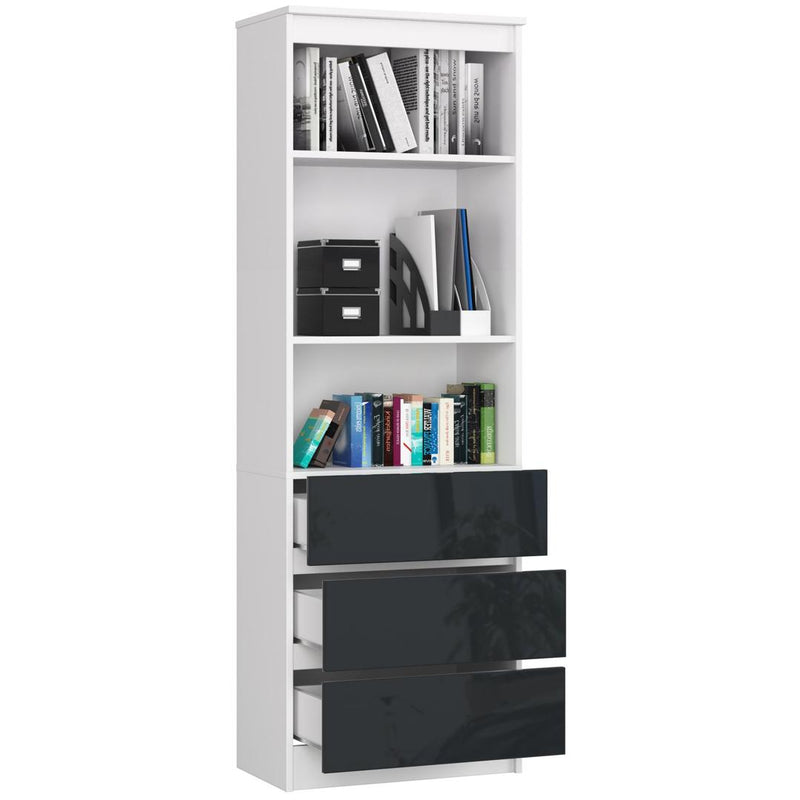 Dulap biblioteca cu 3 rafturi si 3 sertare 60 x 180 x 35 cm alb, antracit lucios