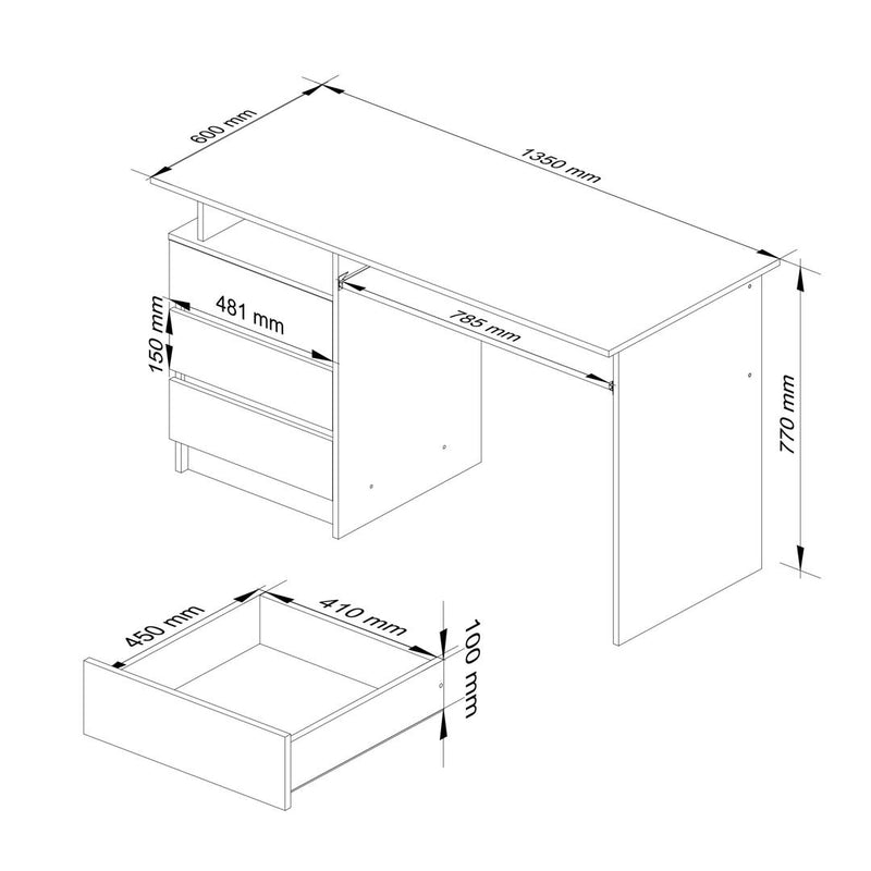 Birou calculator cu 3 sertare si suport pentru tastatura 135 x 77 x 60 cm alb, negru