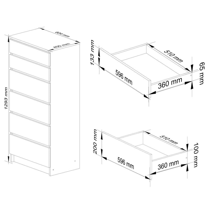 Comoda cu 6 sertare 60 x 130 x 40 cm alb, negru lucios