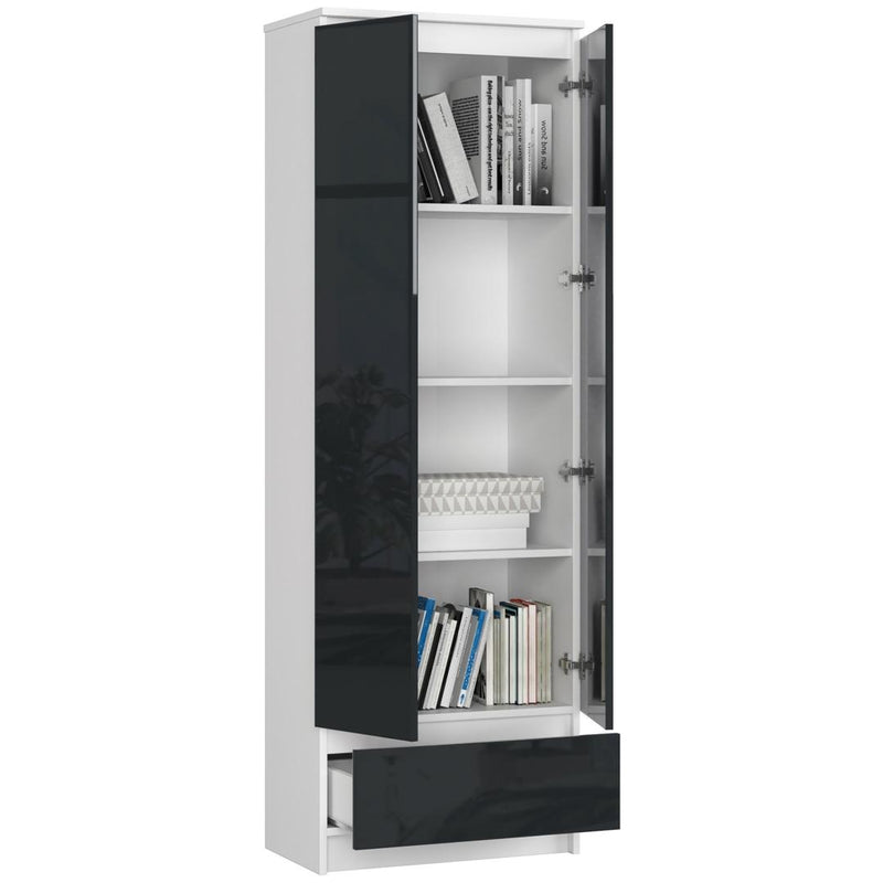 Dulap biblioteca cu 2 usi si 1 sertar 60 x 180 x 35 cm alb, negru