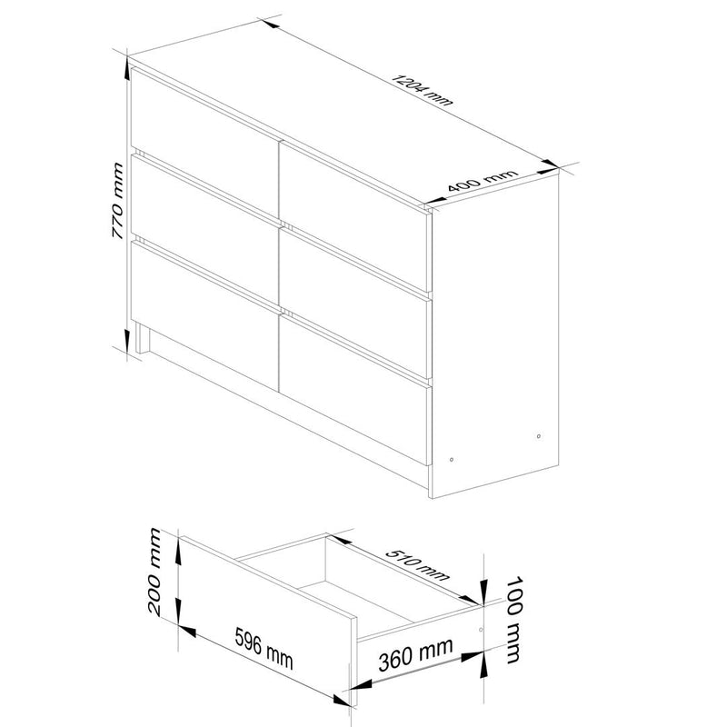 Comoda cu 6 sertare 120 x 77 x 40 cm alb, sonoma