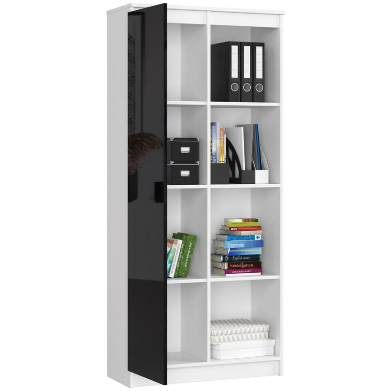 Dulap biblioteca cu 1 usa 4 rafturi 80 x 180 x 35 cm alb, negru lucios