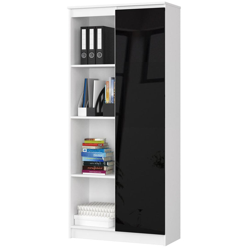 Dulap biblioteca cu 1 usa 4 rafturi 80 x 180 x 35 cm alb, negru lucios