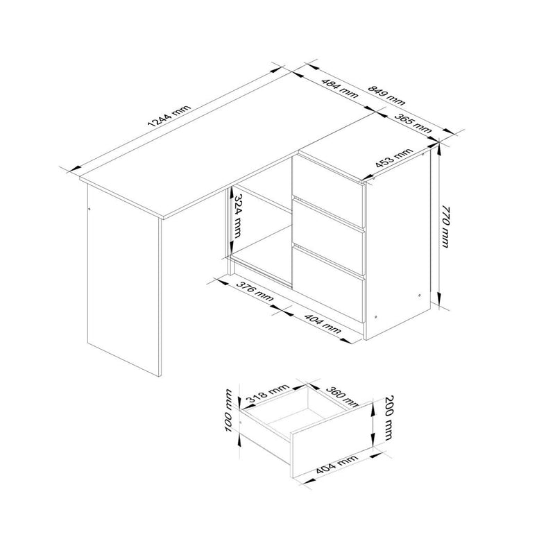 Birou calculator pe colt cu 3 sertare 124 x 77 x 85 cm sonoma, alb lucios