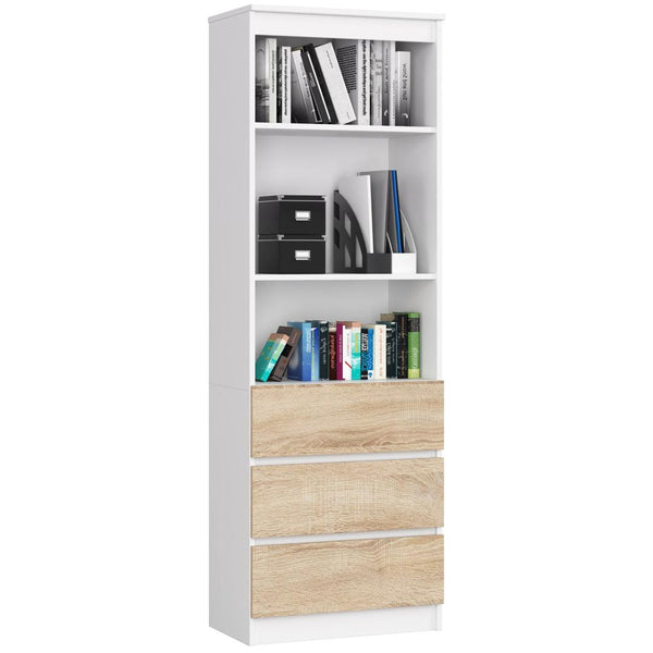 Biblioteca cu 3 sertare 2 rafturi 60 x 180 x 35 alb, stejar