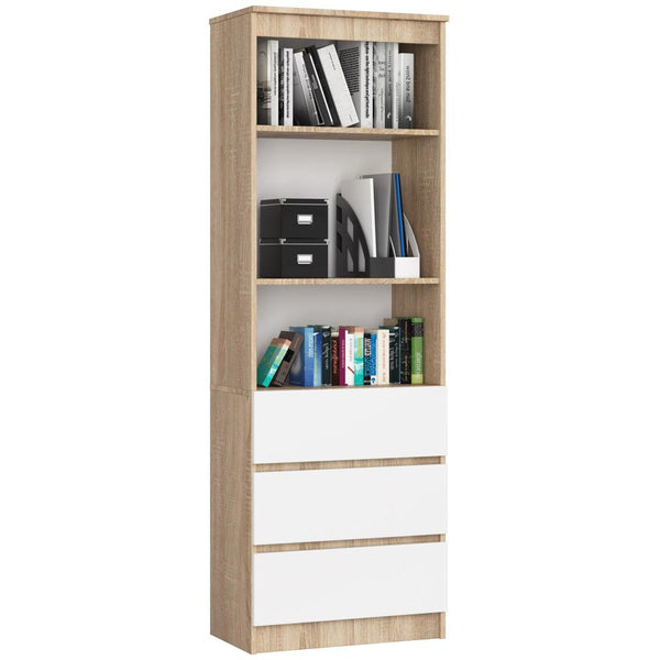 Biblioteca cu 3 sertare 2 rafturi 60 x 180 x 35 alb, stejar