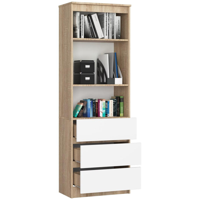 Dulap biblioteca cu 3 rafturi si 3 sertare 60 x 180 x 35 cm sonoma, alb