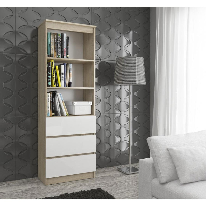 Dulap biblioteca cu 3 rafturi si 3 sertare 60 x 180 x 35 cm sonoma, alb