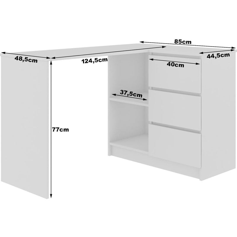 Birou calculator pe colt cu 3 sertare si 2 rafturi 124 x 77 x 85 cm alb, negru lucios