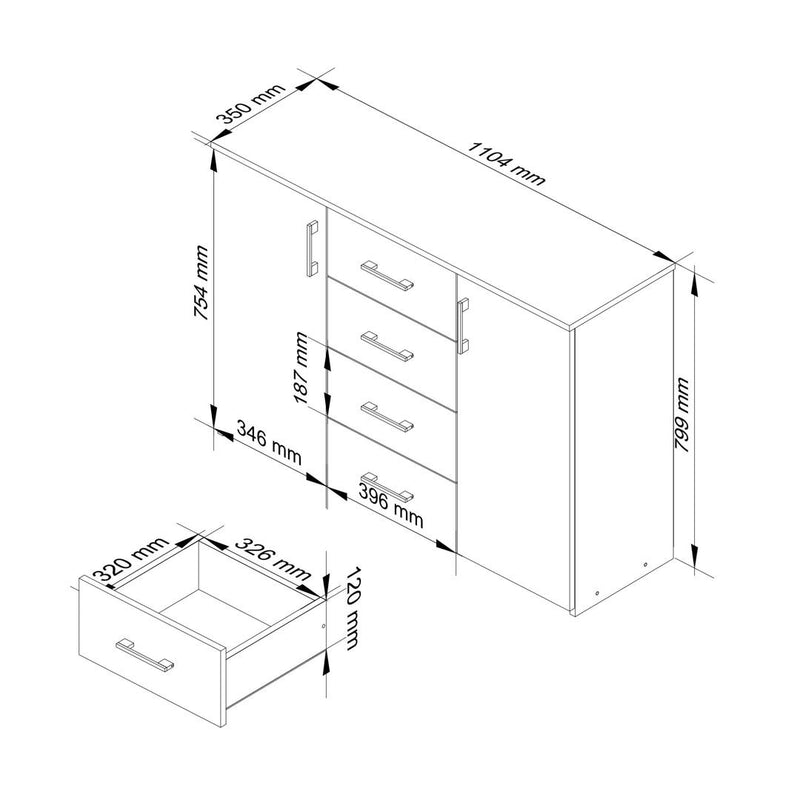 Comoda cu 2 usi si 4 sertare 110 x 80 x 35 cm alb, negru lucios