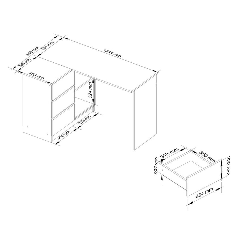 Birou calculator pe colt stanga cu 3 sertare 124 x 77 x 85 cm sonoma, alb