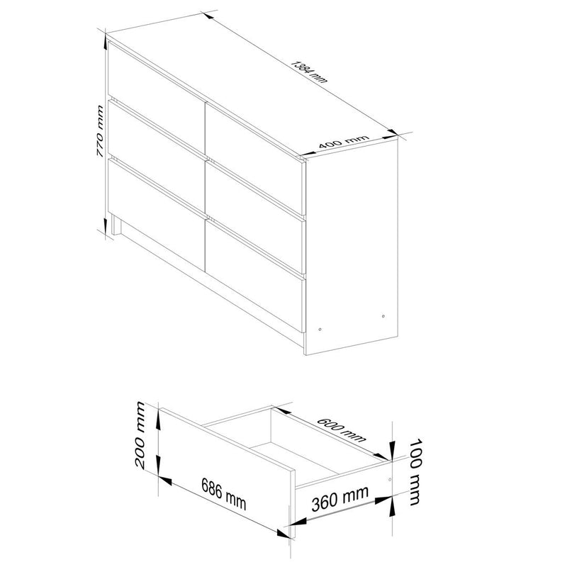 Comoda cu 6 sertare 138 x 77 x 40 cm alb, sonoma