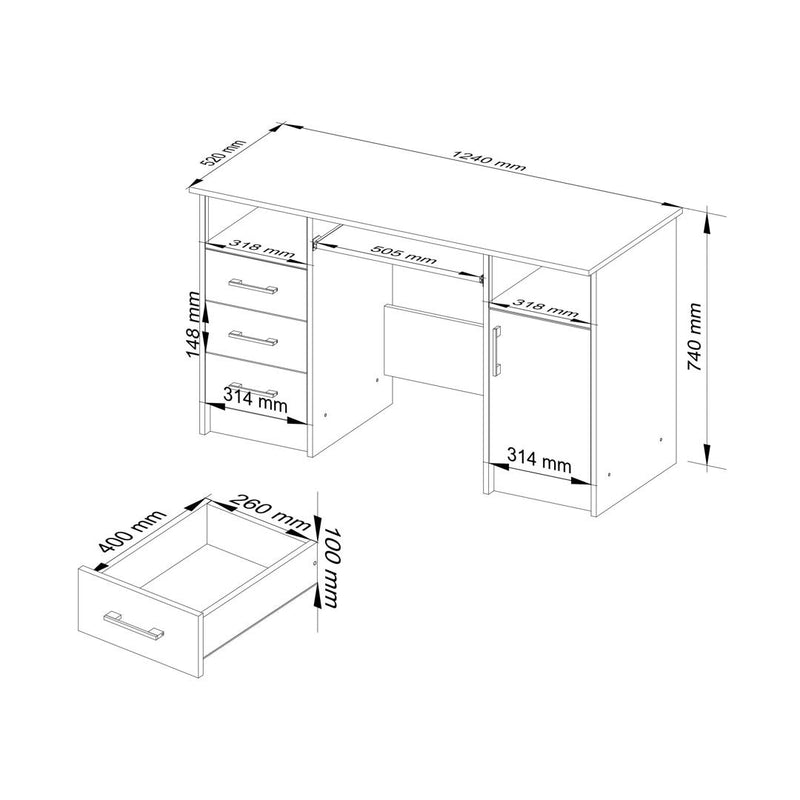 Birou calculator Ana cu 1 usa 3 sertare si 4 rafturi 124 x 74 x 52 cm alb, gri