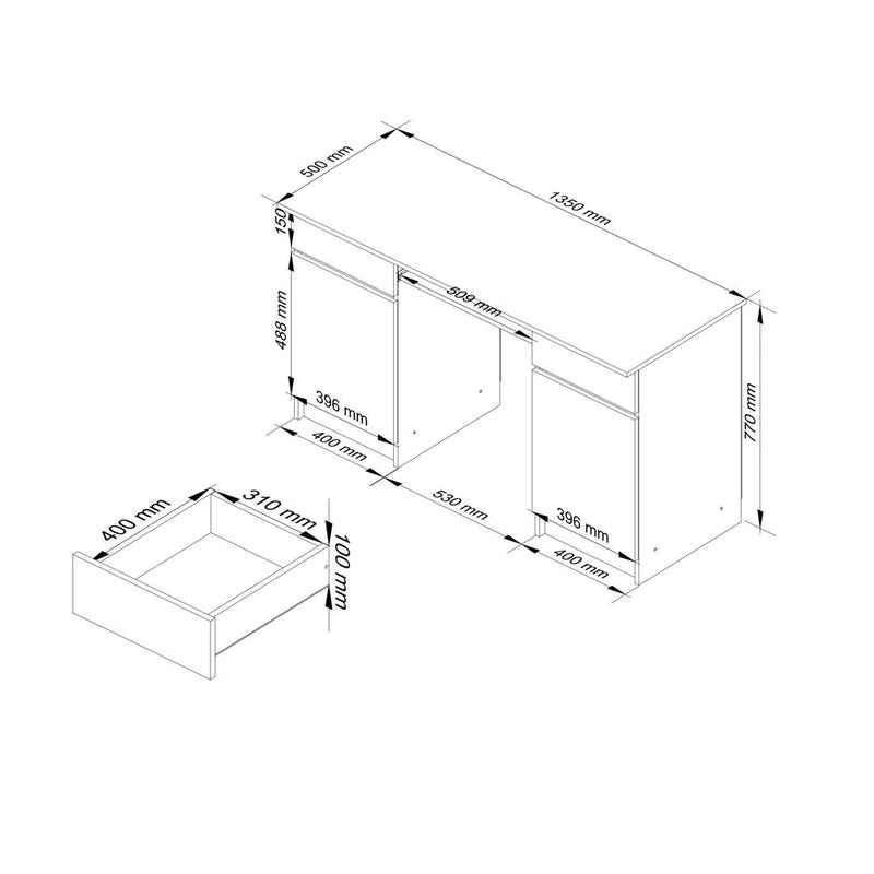 Birou calculator cu 2 usi, 2 sertare si suport pentru tastatura 135 x 77 x 50 cm alb mat