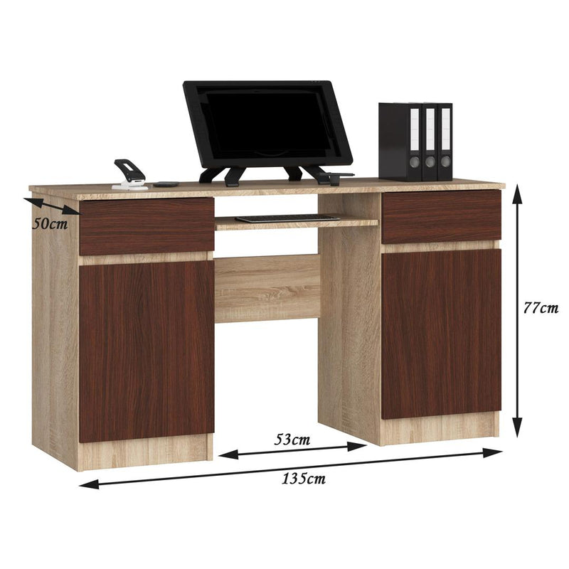 Birou calculator cu 2 usi, 2 sertare si suport pentru tastatura 135 x 77 x 50 cm sonoma, wenge