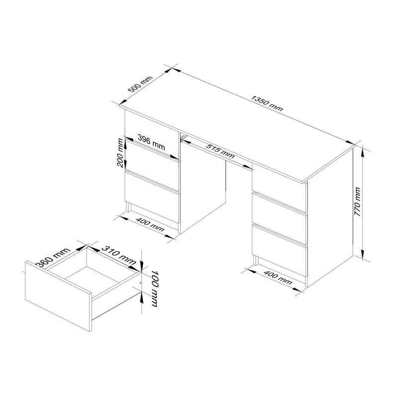 Birou calculator  cu 6 sertare si suport pentru tastatura 135 x 77 x 50 cm alb, wenge