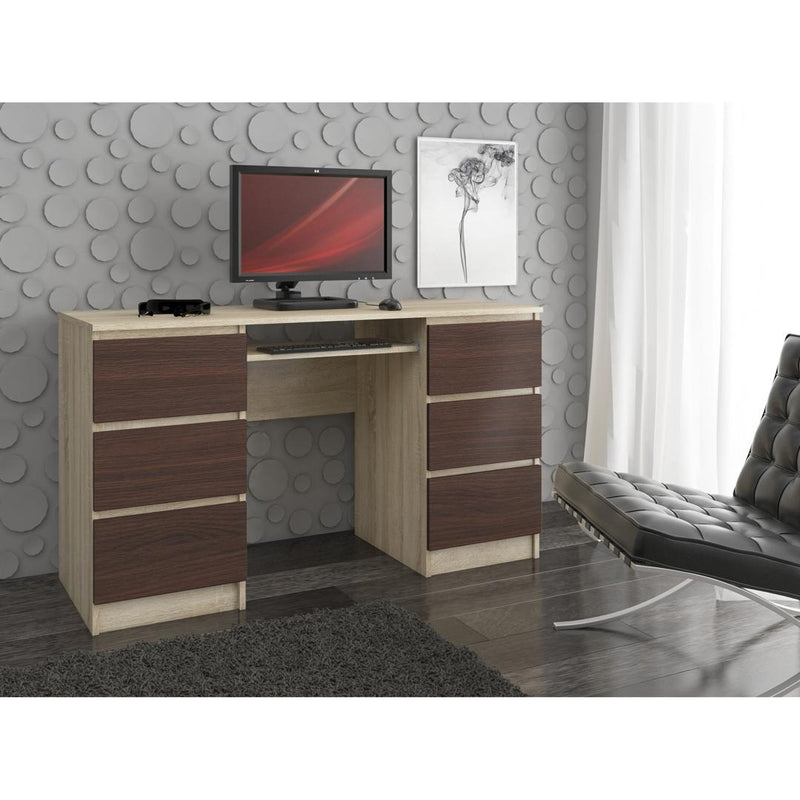 Birou calculator cu 6 sertare si suport pentru tastatura 135 x 77 x 50 cm sonoma, wenge