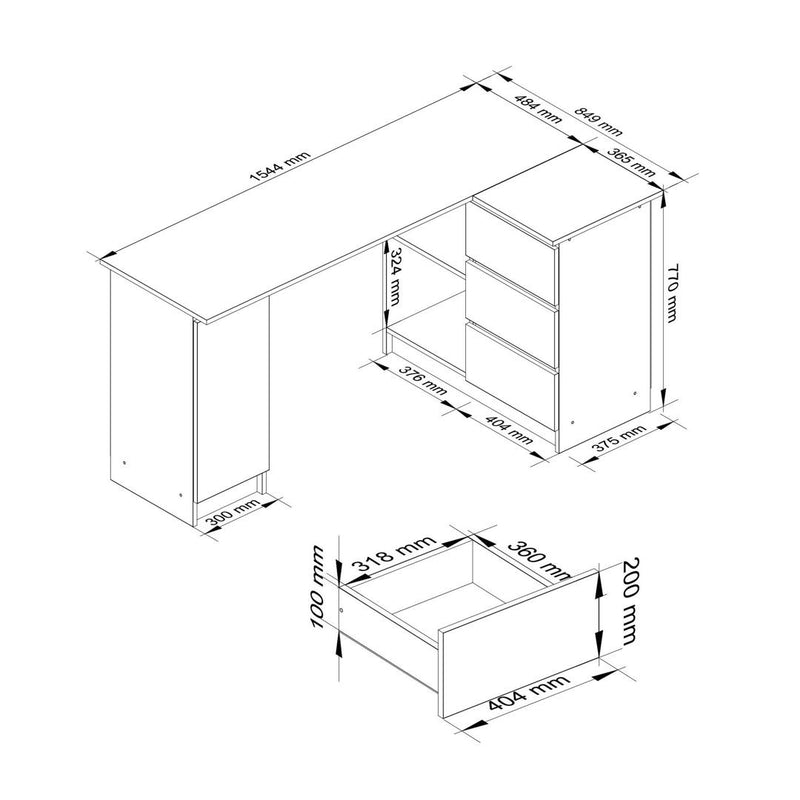 Birou calculator pe colt cu 1 usa, 3 sertare si 2 rafturi 155 x 77 x 85 cm alb