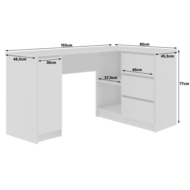 Birou calculator pe colt cu 1 usa, 3 sertare si 2 rafturi 155 x 77 x 85 cm alb, gri