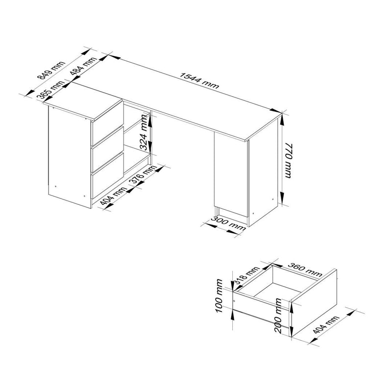 Birou calculator pe colt stanga cu 1 usa, 2 rafturi si 3 sertare 155 x 77 x 85 cm stejar craft