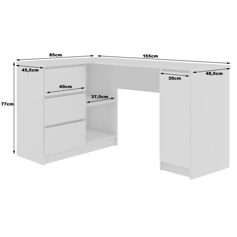 Birou calculator pe colt stanga cu 1 usa, 3 sertare si 2 rafturi 155 x 77 x 85 cm alb, gri