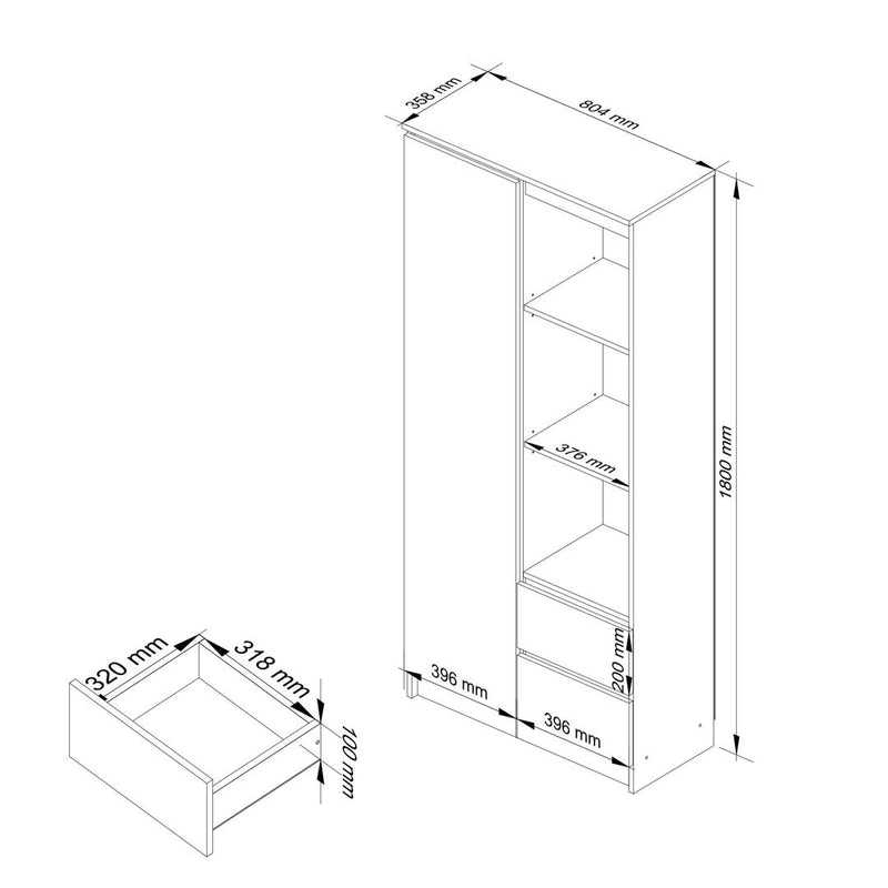 Dulap biblioteca cu 1 usa, 2 sertare si 3 rafturi80 x 180 x 35 cm alb