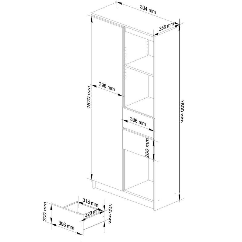 Dulap biblioteca cu 1 usa 2 sertare si 4 rafturi 80 x 35 x 180 cm alb