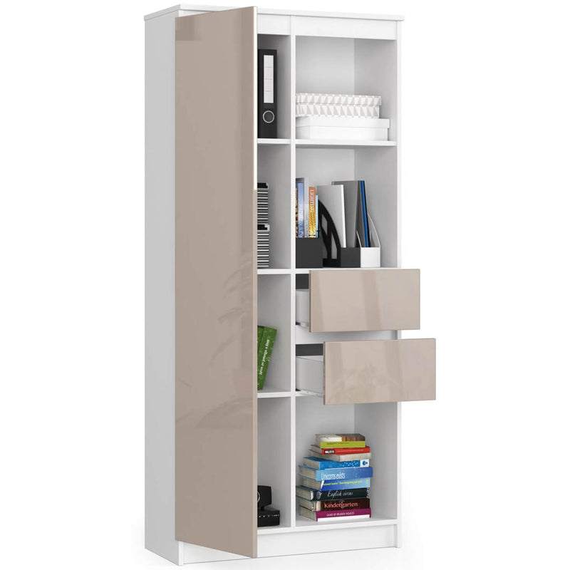 Dulap biblioteca cu 1 usa, 2 sertare si 3 rafturi 80 x 35 x 180 cm alb, capuccino lucios