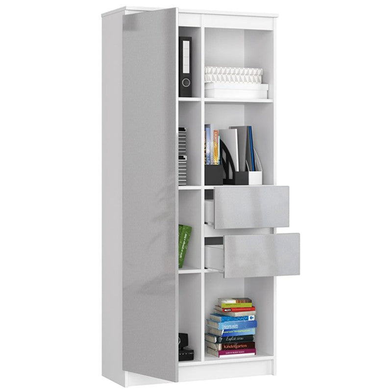 Dulap biblioteca cu 1 usa 2 sertare si 3 rafturi 80 x 35 x 180 cm alb, gri lucios