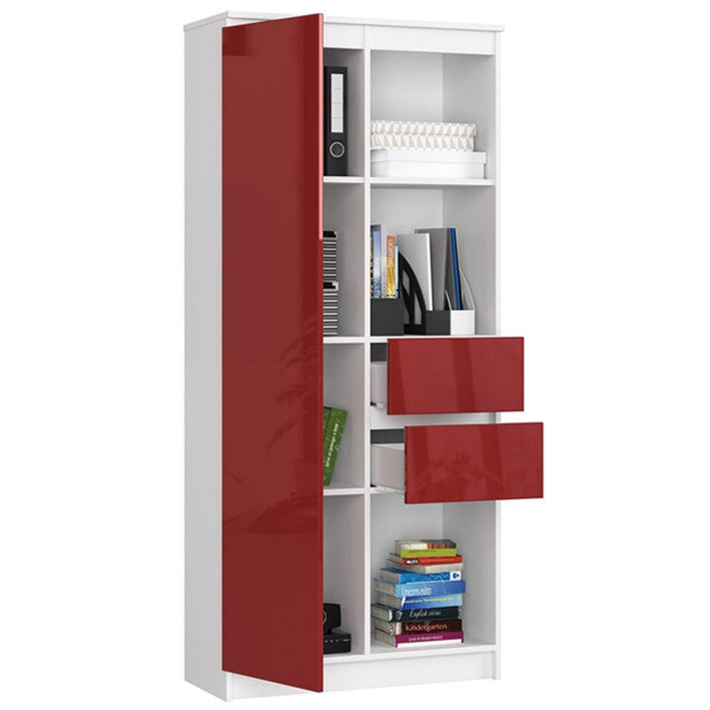 Dulap biblioteca cu 1 usa 2 sertare si 3 rafturi 80 x 35 x 180 cm alb, rosu lucios