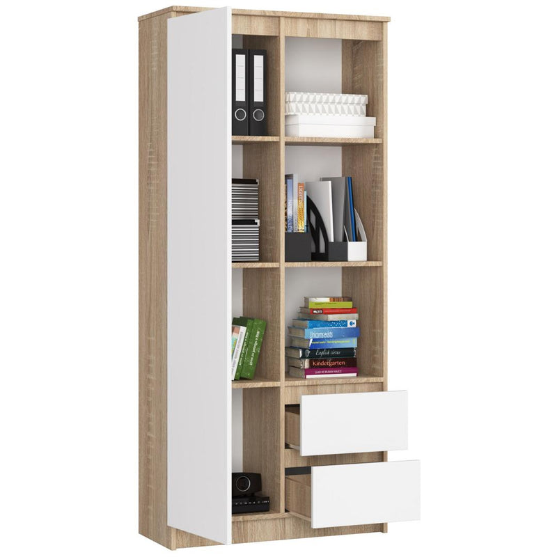 Dulap biblioteca cu 1 usa, 2 sertare si 3 rafturi 80 x 35 x 180 cm sonoma, alb