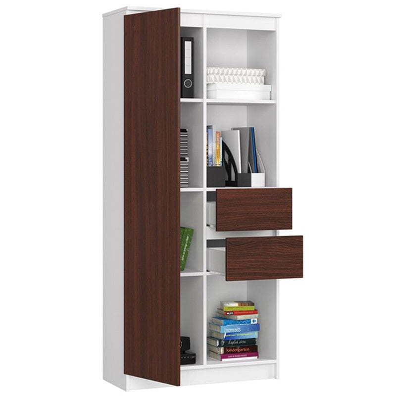 Dulap biblioteca cu 1 usa 2 sertare si 3 rafturi 80 x 35 x 180 cm alb, wenge