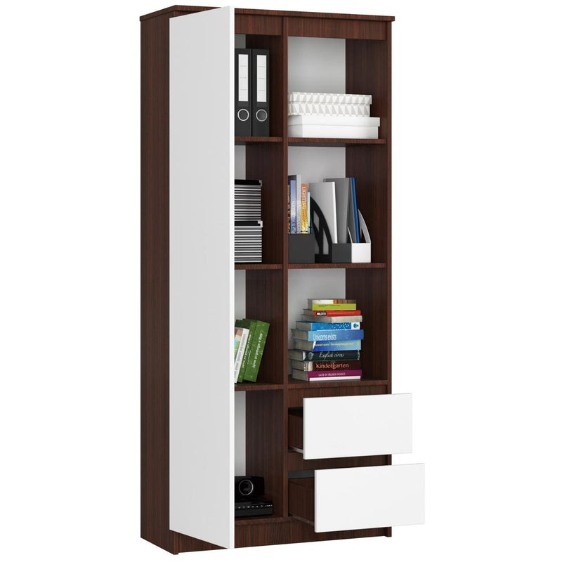 Dulap biblioteca cu 1 usa, 2 sertare si 3 rafturi 80 x 180 x 35 cm wenge, alb