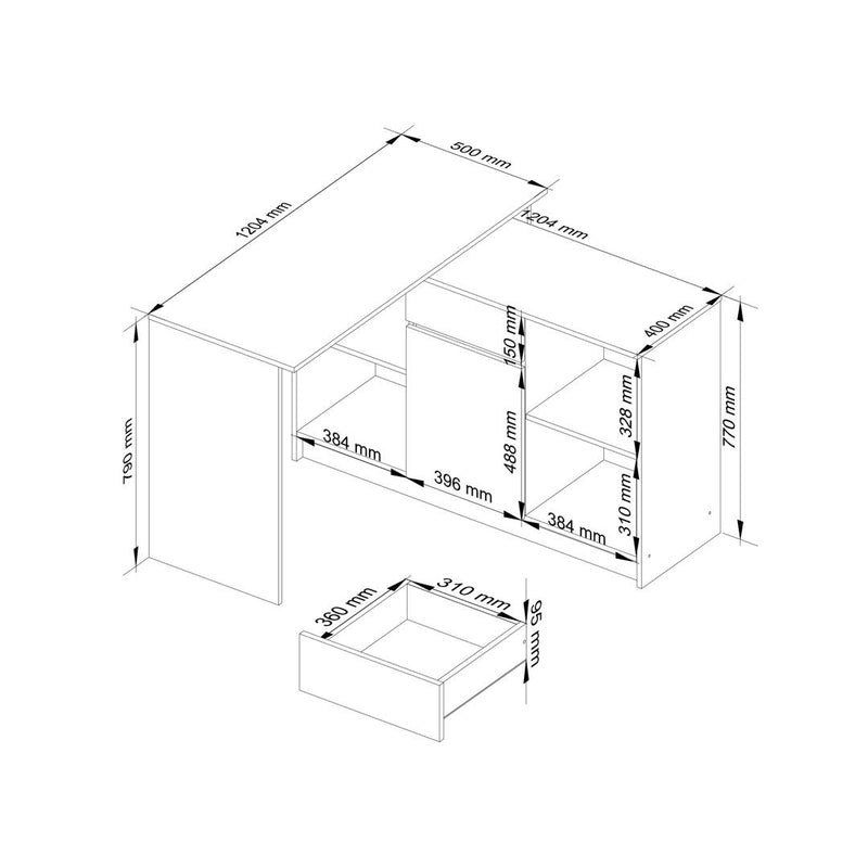 Birou calculator pe colt dreapta cu 1 usa, 1 sertar si 4 rafturi 120 x 79 - 77 x 126 cm alb, alb lucios