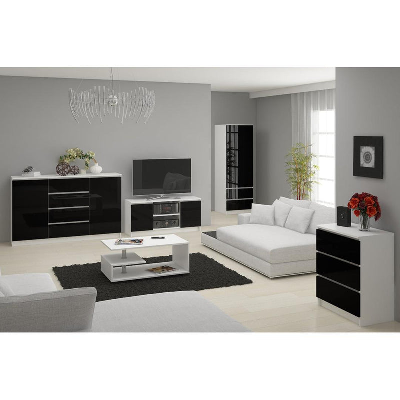 Comoda cu 2 usi si 4 sertare 160 x 99 x 40 cm alb, negru lucios