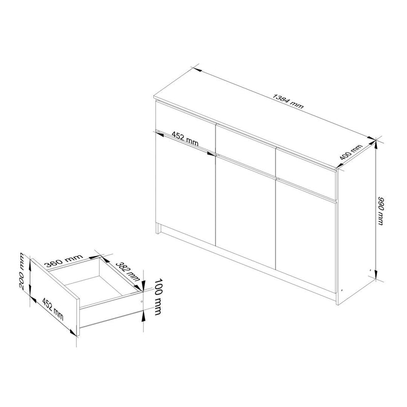 Comoda cu 3 usi si 3 sertare 138 x 99 x 40 cm alb, alb lucios