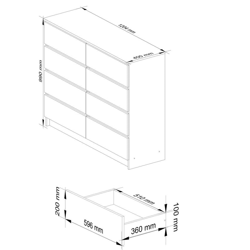 Comoda cu 8 sertare 120 x 99 x 40 cm alb, sonoma