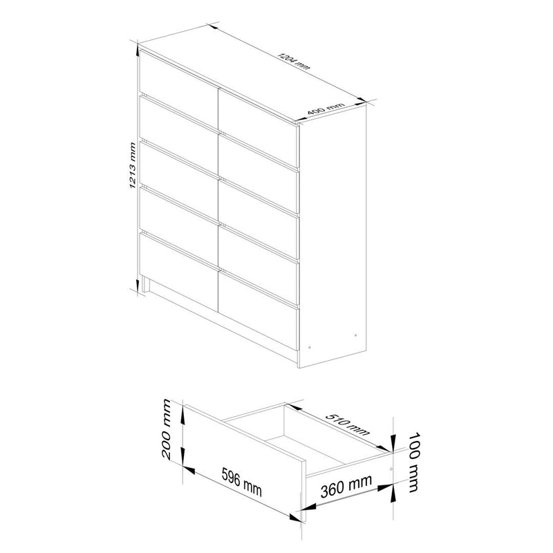 Comoda cu 10 sertare 120 x 121 x 40 cm alb, sonoma