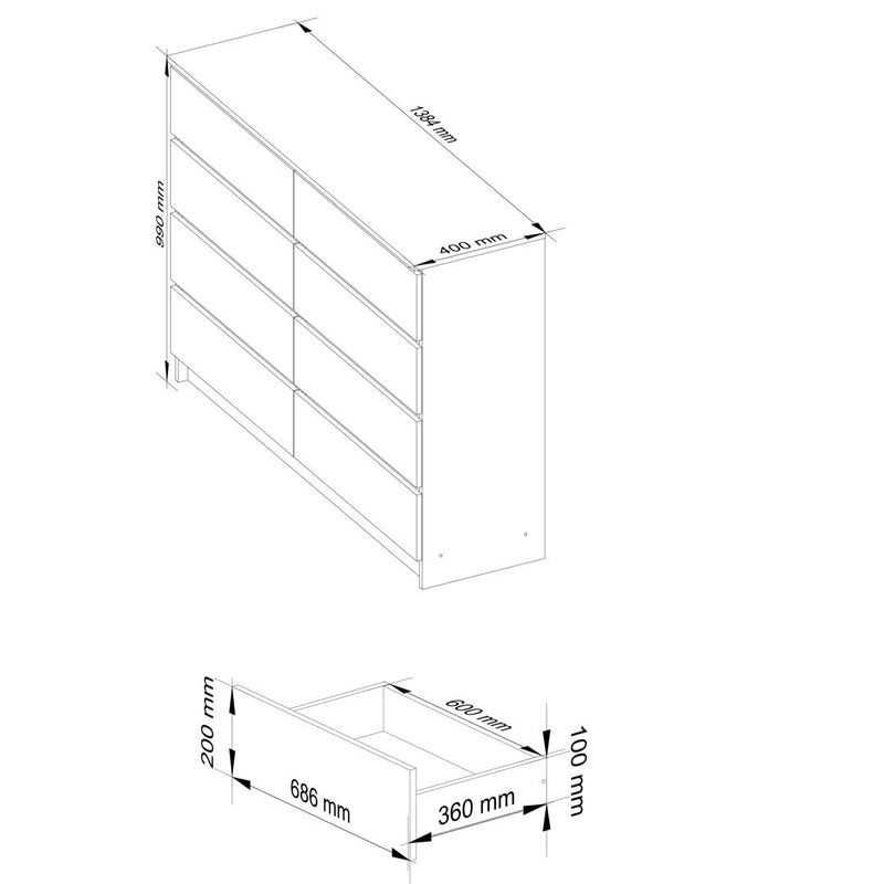 Comoda cu 8 sertare 138 x 99 x 40 cm arin