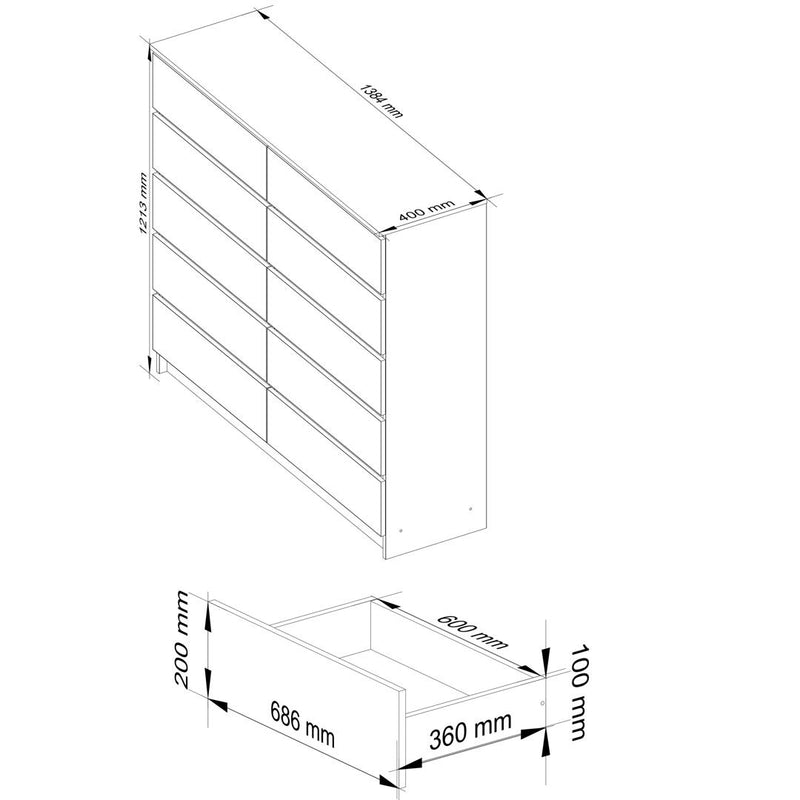 Comoda cu 10 sertare 138 x 121 x 40 cm alb, gri lucios