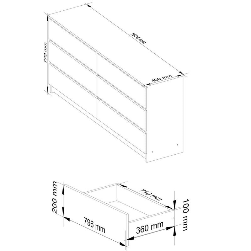 Comoda cu 6 sertare 160 x 77 x 40 cm alb, negru lucios