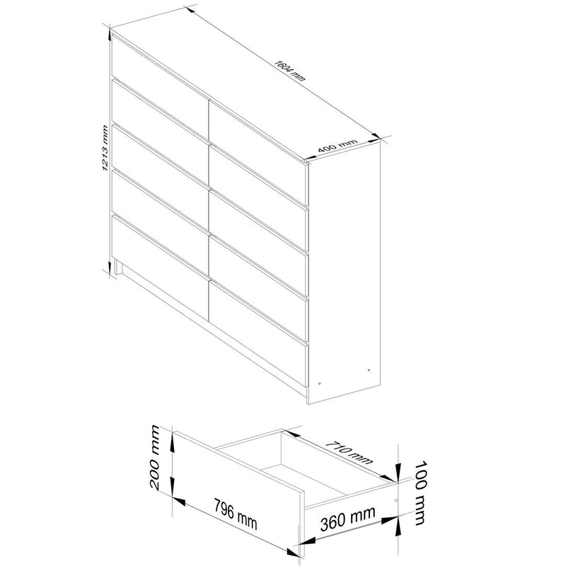 Comoda cu 10 sertare 160 x 121 x 40 cm sonoma, alb