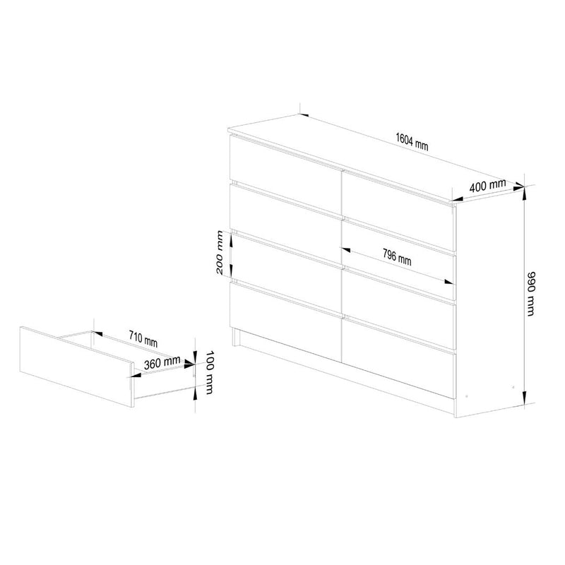 Comoda cu 8 sertare 160 x 40 x 99 cm stejar, alb