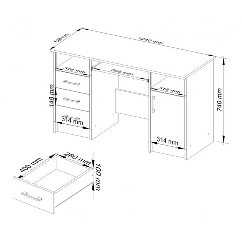 Birou calculator Ana cu 1 usa 3 sertare si 4 rafturi 124 x 74 x 52 cm alb - alb lucios