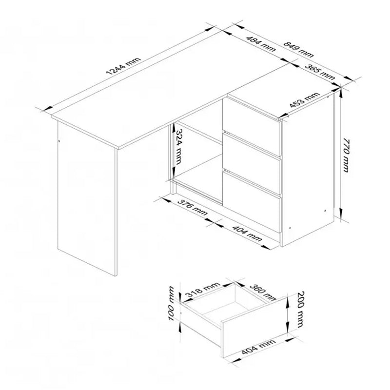 Birou calculator pe colt cu 3 sertare si 2 rafturi 124 x 77 x 85 cm alb, gri lucios