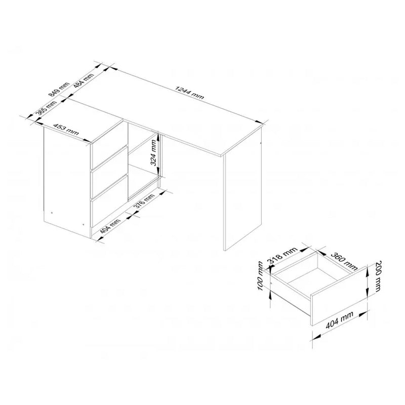 Birou calculator pe colt stanga cu 3 sertare si 2 rafturi 124 x 77 x 85 cm alb - gri grafit